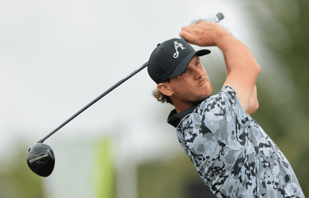 Apr 4, 2025; Miami, Florida, USA; Thomas Pieters plays his shot from the 18th tee during the first round of the LIV Golf Miami golf tournament at Trump National Doral. Mandatory Credit: Sam Navarro-Imagn Images