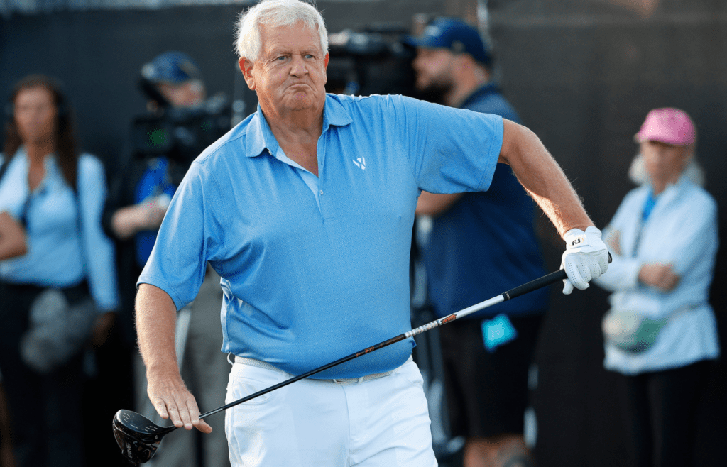 Dec 10, 2023; Bradenton, Florida, USA; Team Europe s Colin Montgomerie warms up at the first tee at The Concession Golf Club. Mandatory Credit: Jeff Swinger-Imagn Images