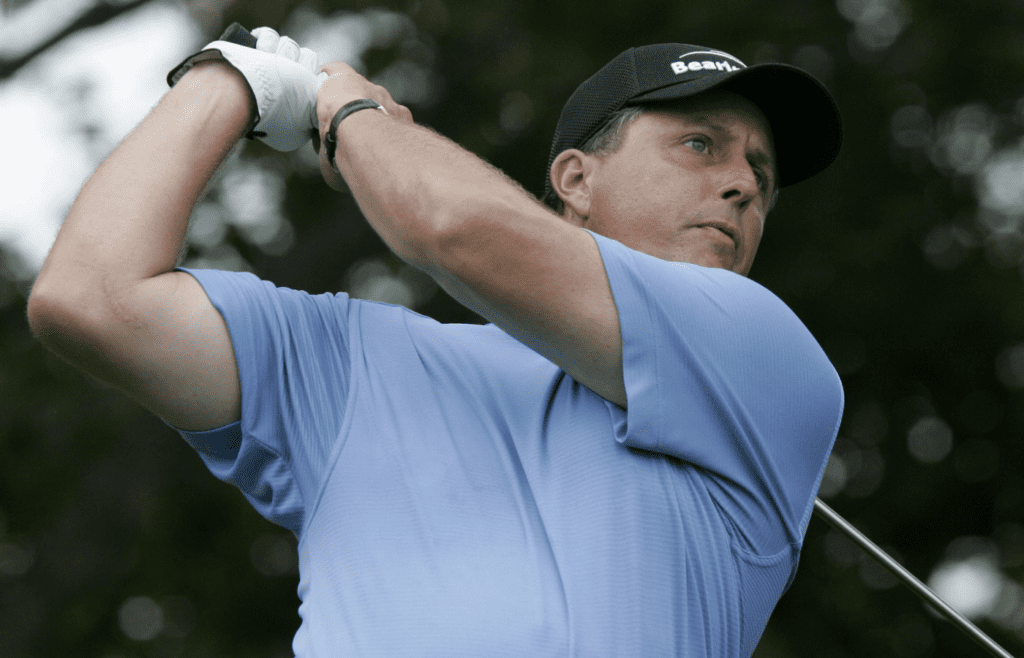 Phil Mickelson tees off on the second hole during action in the final round of the Barclays golf tournament at Westchester Country Club in Harrison, Aug. 26, 2007. ( Mark Vergari / The Journal News )