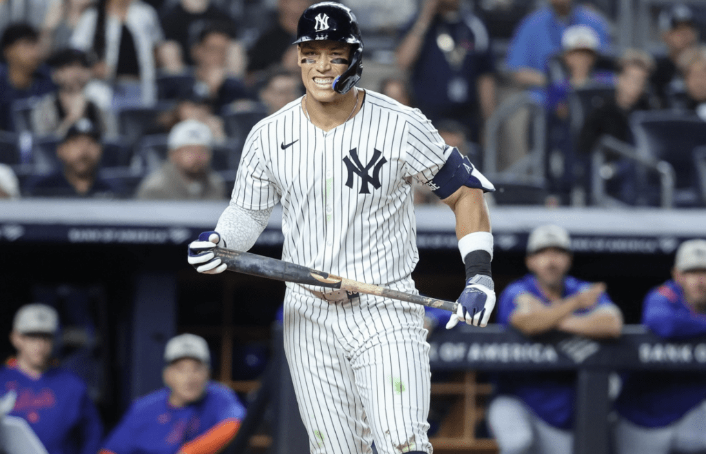May 18, 2025; Bronx, New York, USA; New York Yankees right fielder Aaron Judge (99) reacts after striking out with the bases loaded in the eighth inning against the New York Mets at Yankee Stadium. Mandatory Credit: Wendell Cruz-Imagn