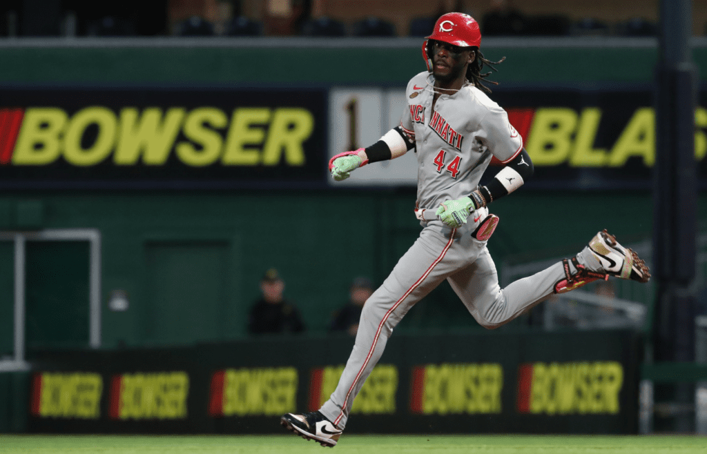 May 19, 2025; Pittsburgh, Pennsylvania, USA; Cincinnati Reds shortstop Elly De La Cruz (44) runs to second base with an RBI double against the Pittsburgh Pirates during the eighth inning at PNC Park. Mandatory Credit: Charles LeClaire-Imagn