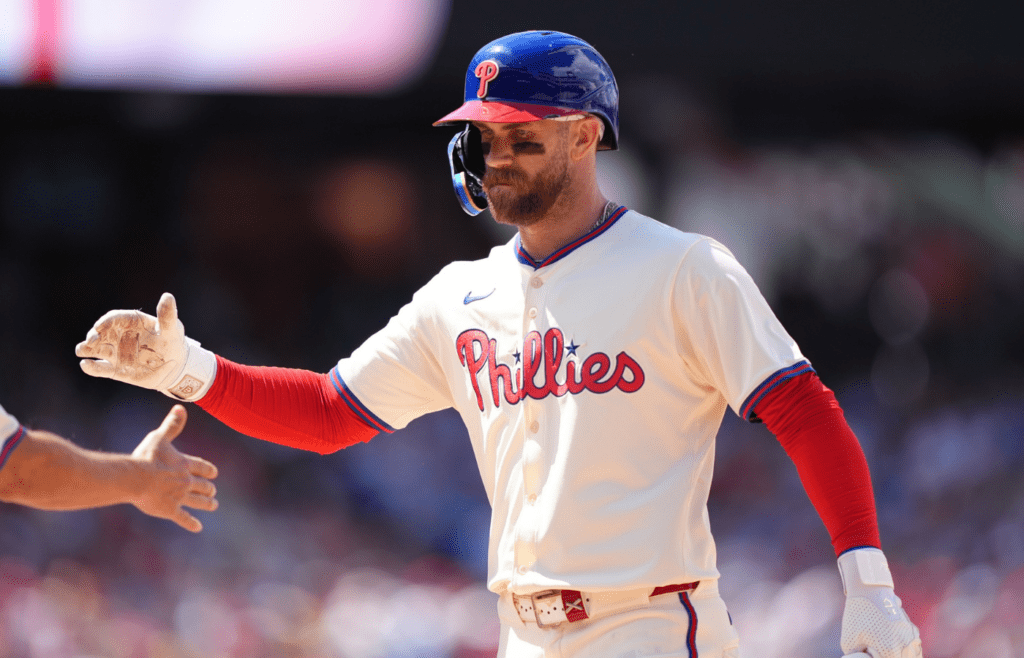 May 18, 2025; Philadelphia, Pennsylvania, USA; Philadelphia Phillies infielder Bryce Harper (3) reacts after hitting a single against the Pittsburgh Pirates in the sixth inning at Citizens Bank Park. Mandatory Credit: Kyle Ross-Imagn Images