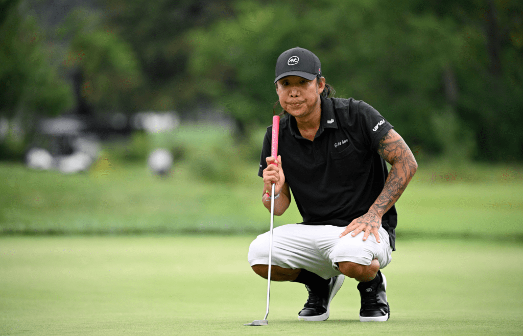 Aug 16, 2024; Greenbrier, West Virginia, USA; Anthony Kim on the 17th hole at The Old White at the Greenbrier. Mandatory Credit: Bob Donnan-Imagn Images