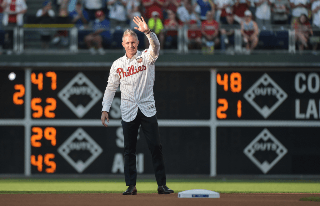 Jun 21, 2019; Philadelphia, PA, USA; Former Philadelphia Phillies second baseman Chase Utley waves to the crowd after his retirement ceremony before the game between the Philadelphia Phillies and the Miami Marlins at Citizens Bank Park. Mandatory Credit: John Geliebter-Imagn Images