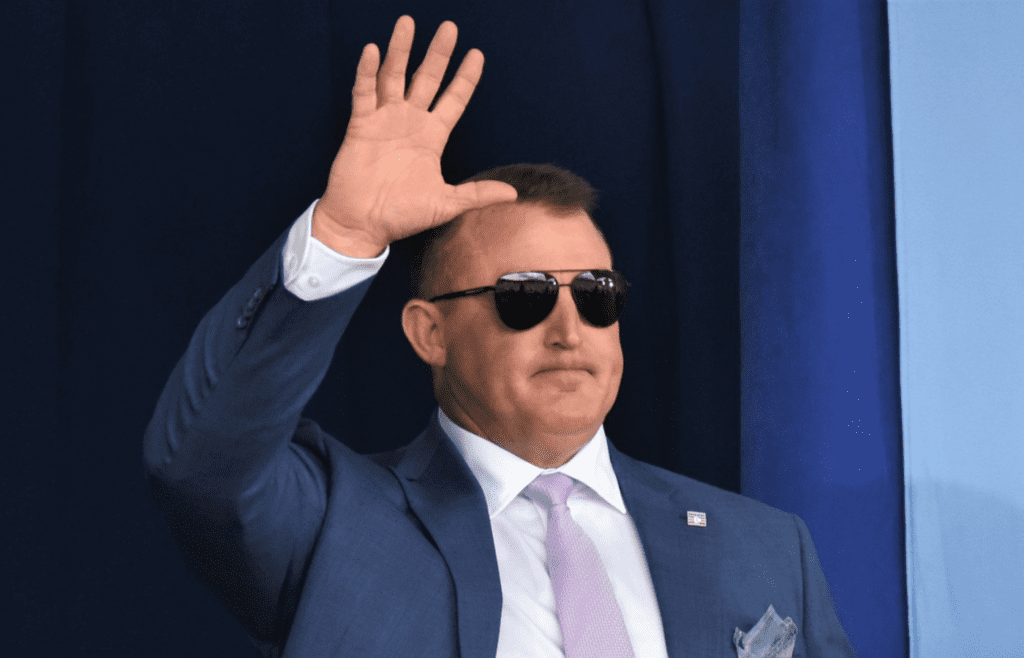 Jim Thome acknowledges the crowd during the introduction of returning inductees at the National Baseball Hall of Fame's 2024 induction ceremony Sunday, July 21, 2024, at the Clark Sports Center in Cooperstown, New York.