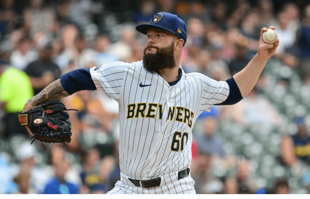 Jul 13, 2024; Milwaukee, Wisconsin, USA; Milwaukee Brewers starting pitcher Dallas Keuchel (60) pitches against the Washington Nationals in the first inning at American Family Field. Mandatory Credit: Benny Sieu-Imagn Images