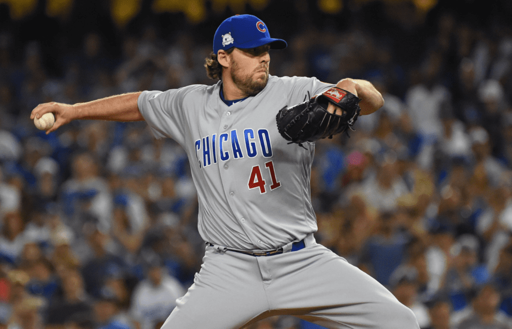 Oct 15, 2017; Los Angeles, CA, USA; Chicago Cubs starting pitcher John Lackey (41) pitches against the Los Angeles Dodgers in the ninth inning during game two of the 2017 NLCS playoff baseball series at Dodger Stadium. Mandatory Credit: Jayne Kamin-Oncea-Imagn ImagesOct 15, 2017; Los Angeles, CA, USA; Chicago Cubs starting pitcher John Lackey (41) pitches against the Los Angeles Dodgers in the ninth inning during game two of the 2017 NLCS playoff baseball series at Dodger Stadium. Mandatory Credit: Jayne Kamin-Oncea-Imagn Images