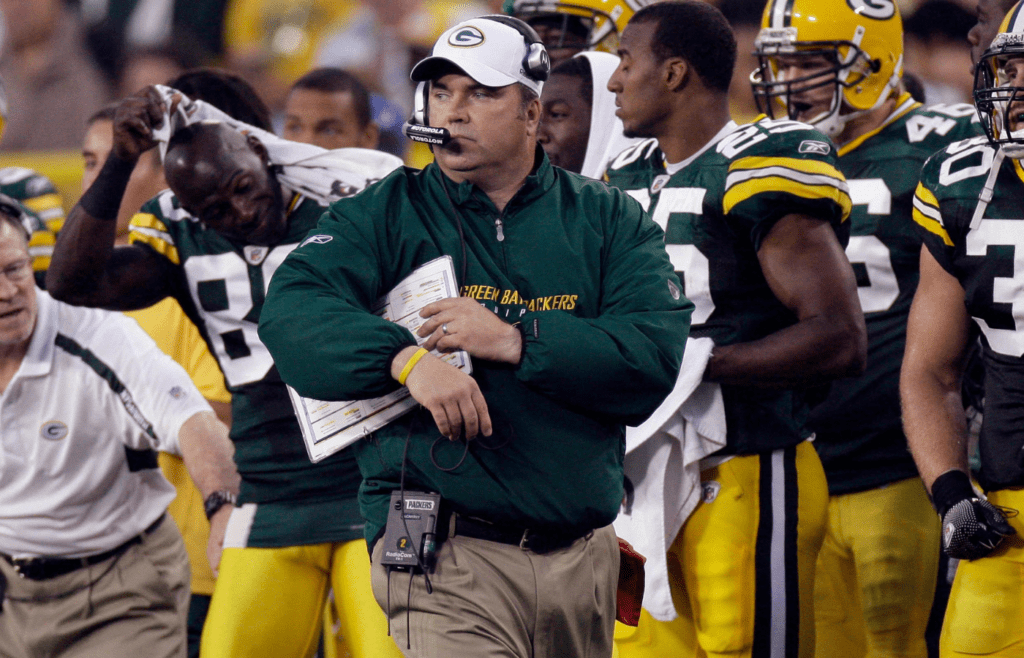 Green Bay Packers head coach Mike McCarthy walks the sideliness during the second quarter of their game against the Cleveland Browns on August 15, 2009, at Lambeau Field in Green Bay, Wis. McCarthy coached from 2006-2018, with a record of 125-77-2.