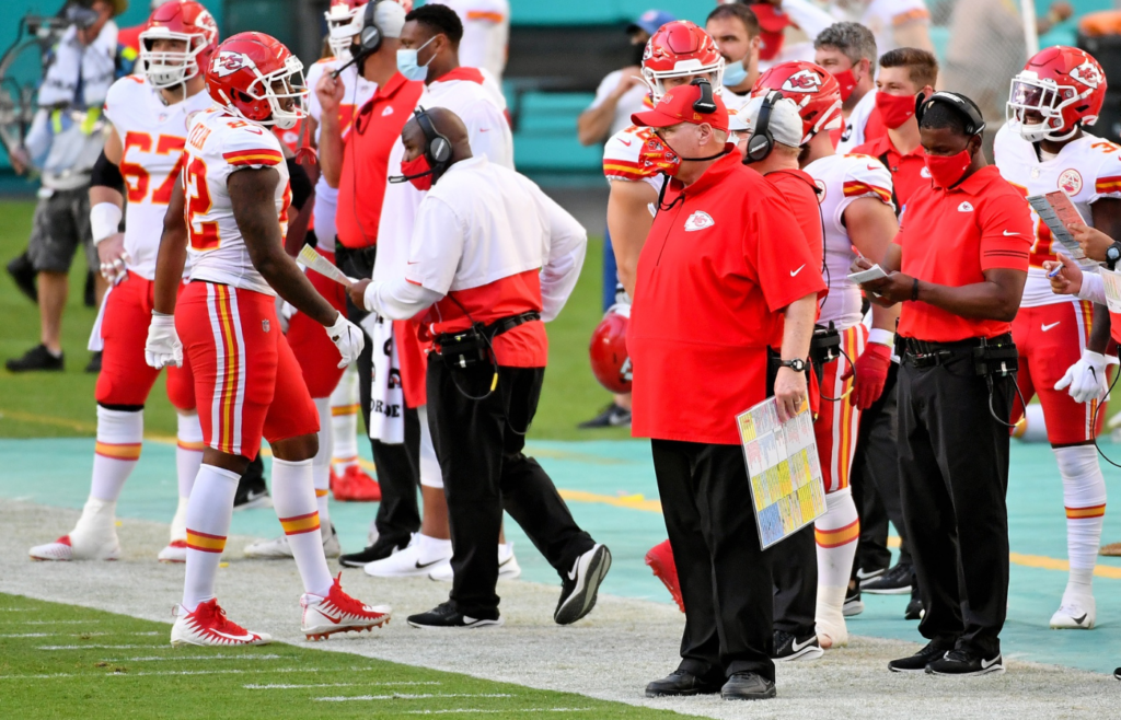 Dec 13, 2020; Miami Gardens, Florida, USA; Kansas City Chiefs head coach Andy Reid looks on from the sidelines during the second half against the Miami Dolphins at Hard Rock Stadium. Mandatory Credit: Jasen Vinlove-Imagn Images