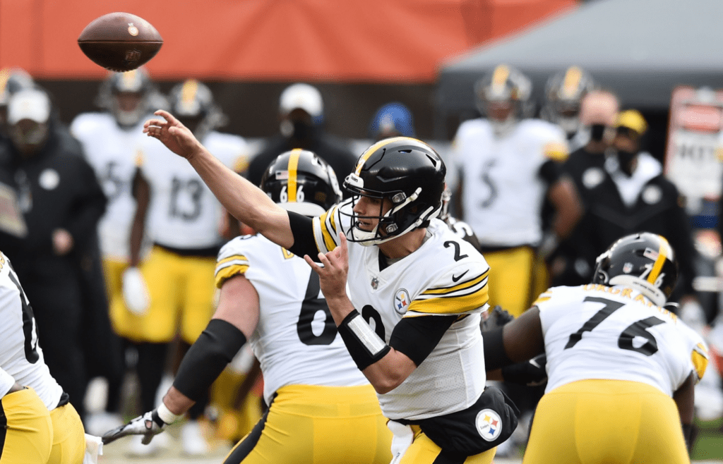 Jan 3, 2021; Cleveland, Ohio, USA; Pittsburgh Steelers quarterback Mason Rudolph (2) throws a pass during the first quarter against the Cleveland Browns at FirstEnergy Stadium. Mandatory Credit: Ken Blaze-Imagn Images