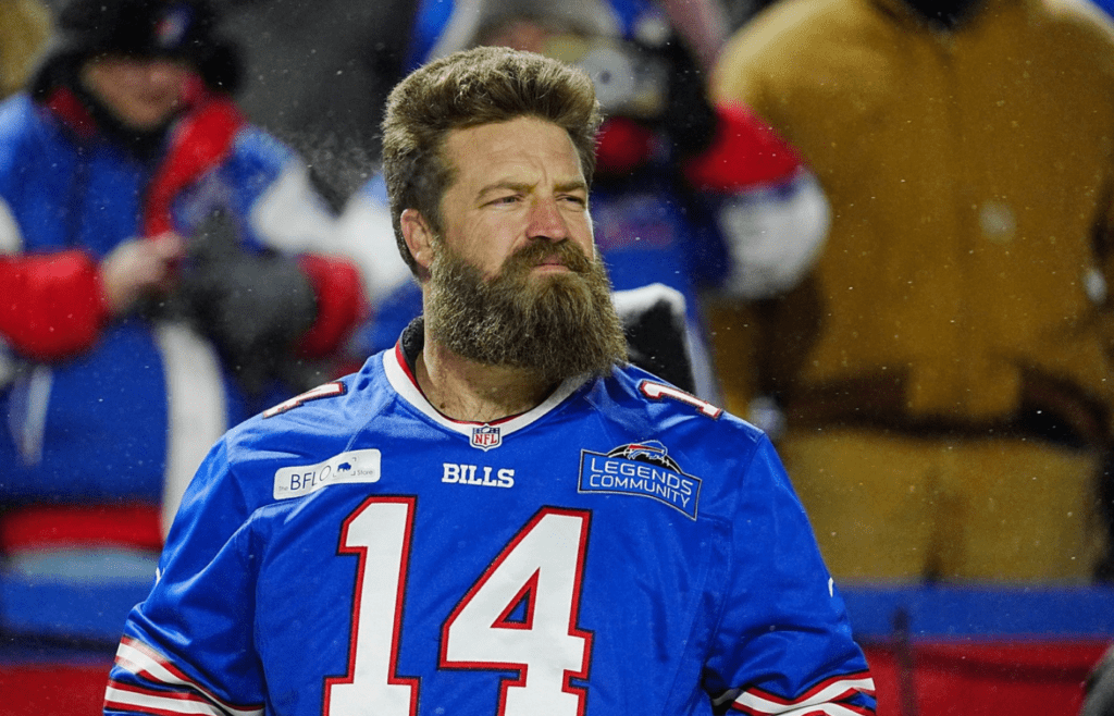 Former Buffalo Bills quarterback Ryan Fitzpatrick was the evening’s legend of the game and lead the crowd with a cheer before the Buffalo Bills divisional game against the Baltimore Ravens at Highmark Stadium in Orchard Park on Jan. 19, 2025.