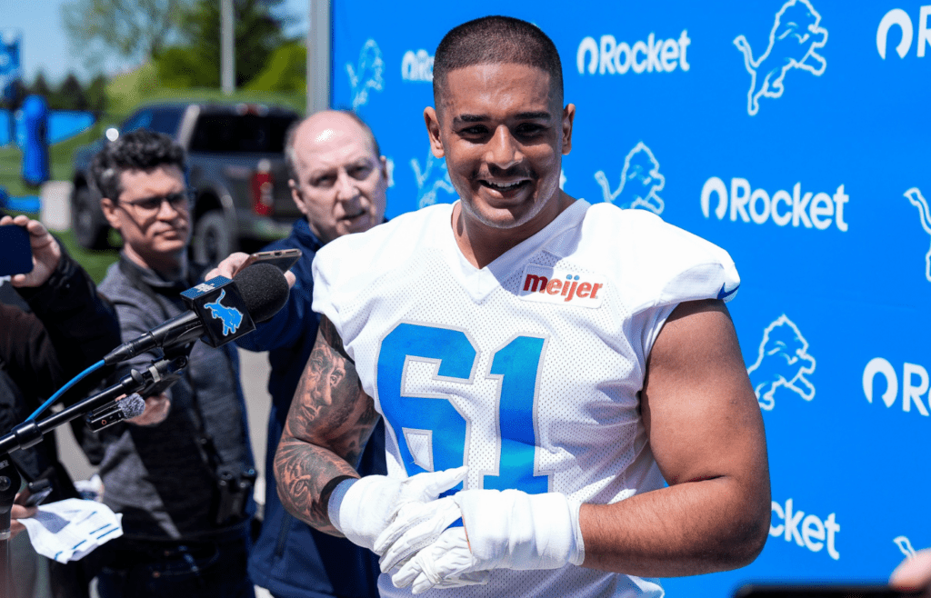 Detroit Lions defensive lineman Ahmed Hassanein (61) speaks after practice during rookie mini camp at Meijer Performance Center in Allen Park on Friday, May 9, 2025.