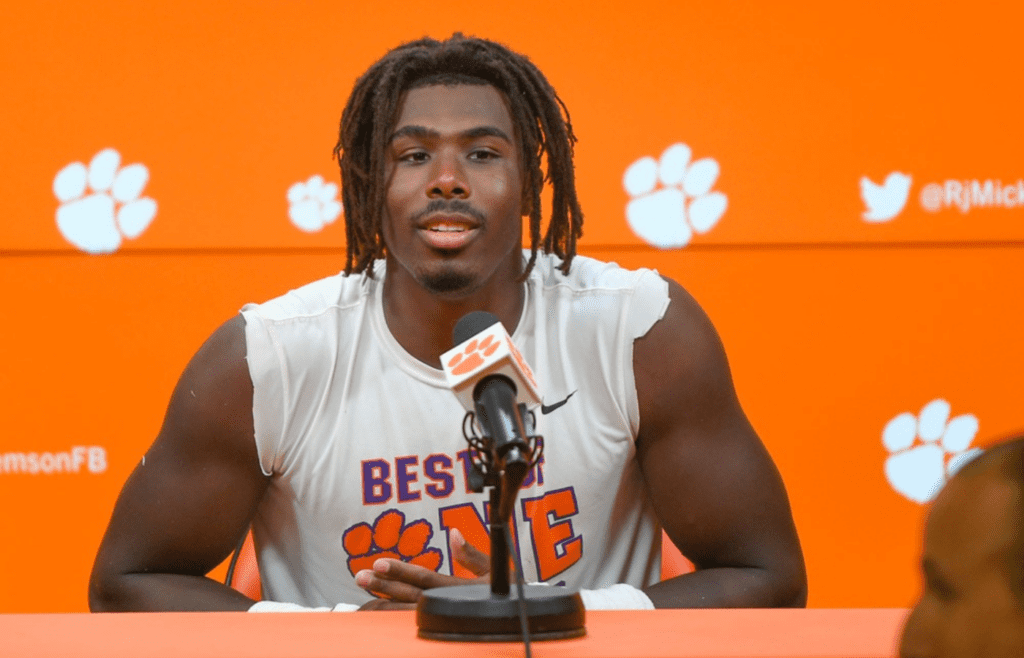 Clemson safety R.J. Mickens talks with media in the Smart Family Media Center in Clemson, Friday, August 9, 2024.