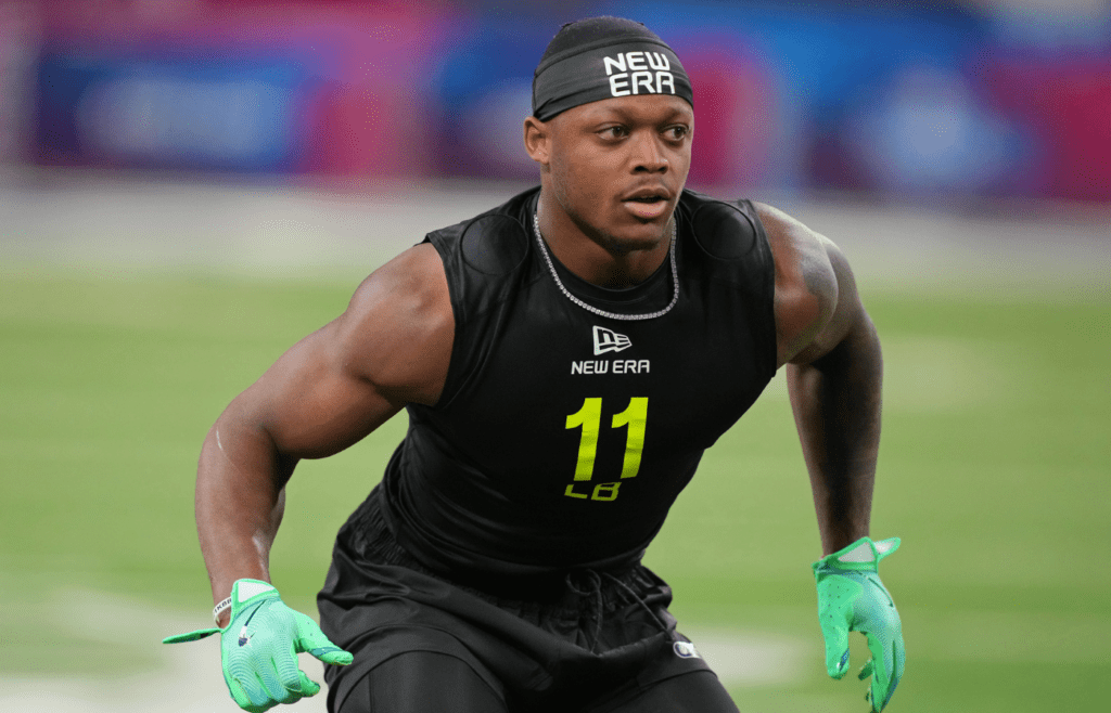 Feb 27, 2025; Indianapolis, IN, USA; Penn State linebacker Kobe King (LB11) participates in drills during the 2025 NFL Combine at Lucas Oil Stadium. Mandatory Credit: Kirby Lee-Imagn Images
