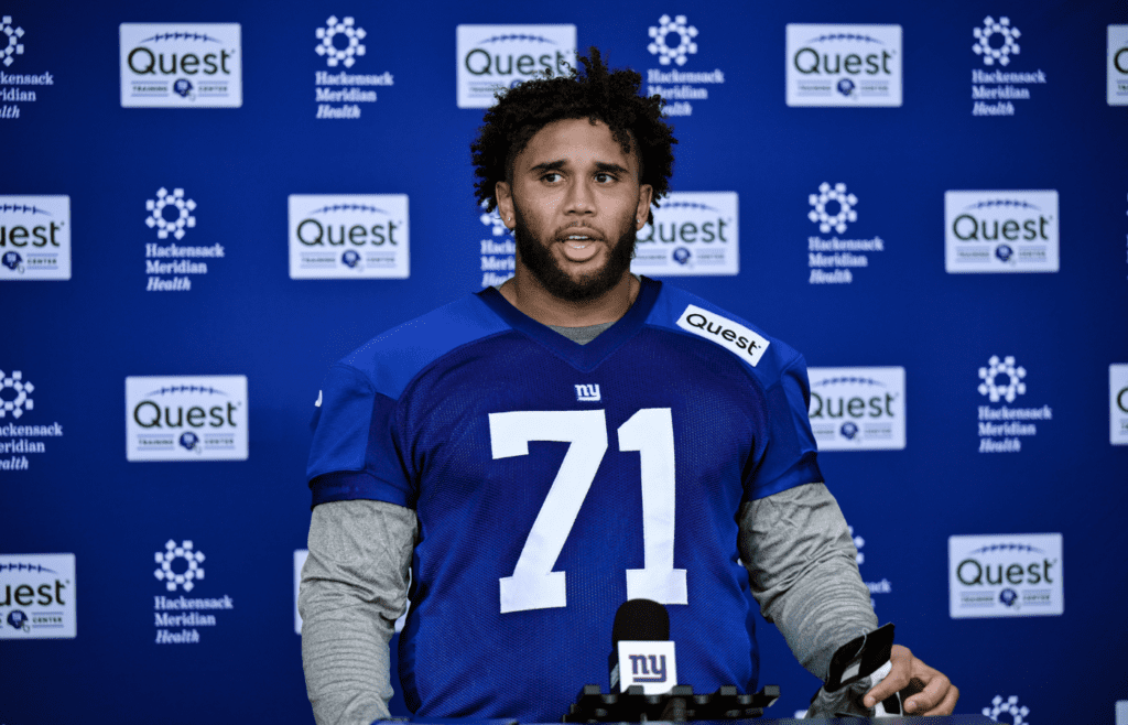 May 10, 2025; East Rutherford, NJ, USA; New York Giants offensive lineman Marcus Mbow (71) speaks during a press conference after rookie minicamp at Quest Diagnostics Training Center. Mandatory Credit: John Jones-Imagn Images