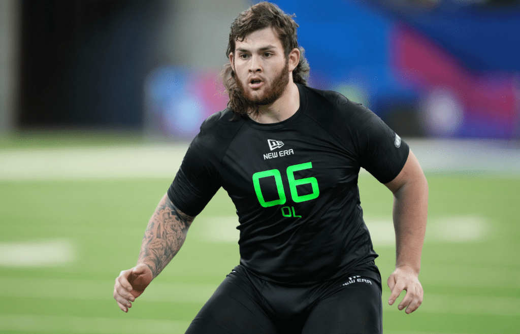 Mar 2, 2025; Indianapolis, IN, USA; Iowa offensive lineman Connor Colby (OL06) during the 2025 NFL Combine at Lucas Oil Stadium. Mandatory Credit: Kirby Lee-Imagn Images