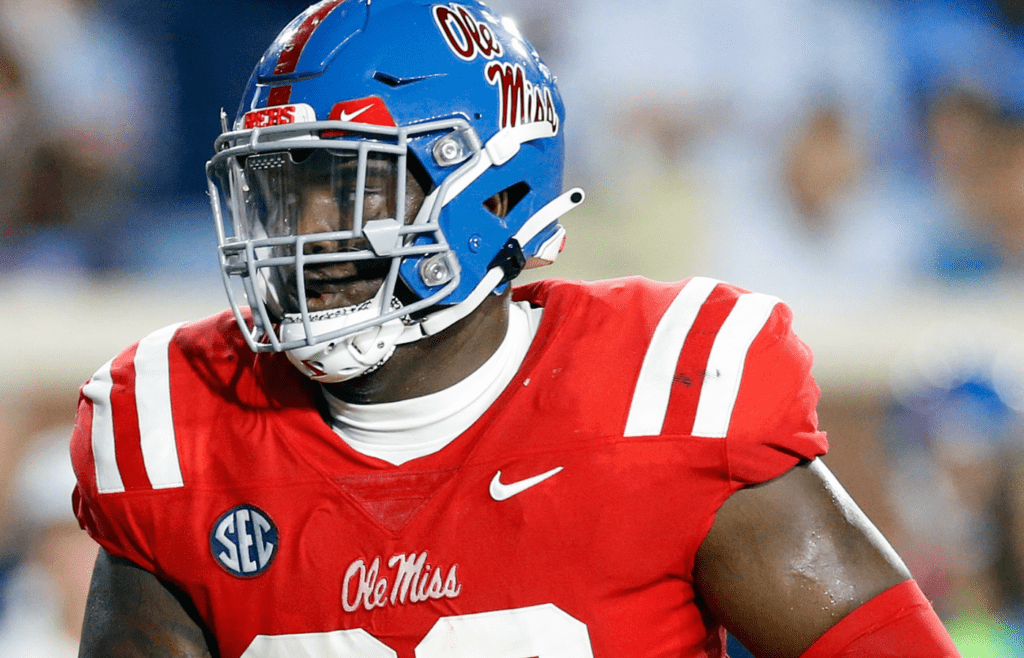 Oct 28, 2023; Oxford, Mississippi, USA; Mississippi Rebels defensive linemen JJ Pegues (89) runs the ball during the first half against the Vanderbilt Commodores at Vaught-Hemingway Stadium. Mandatory Credit: Petre Thomas-Imagn Images