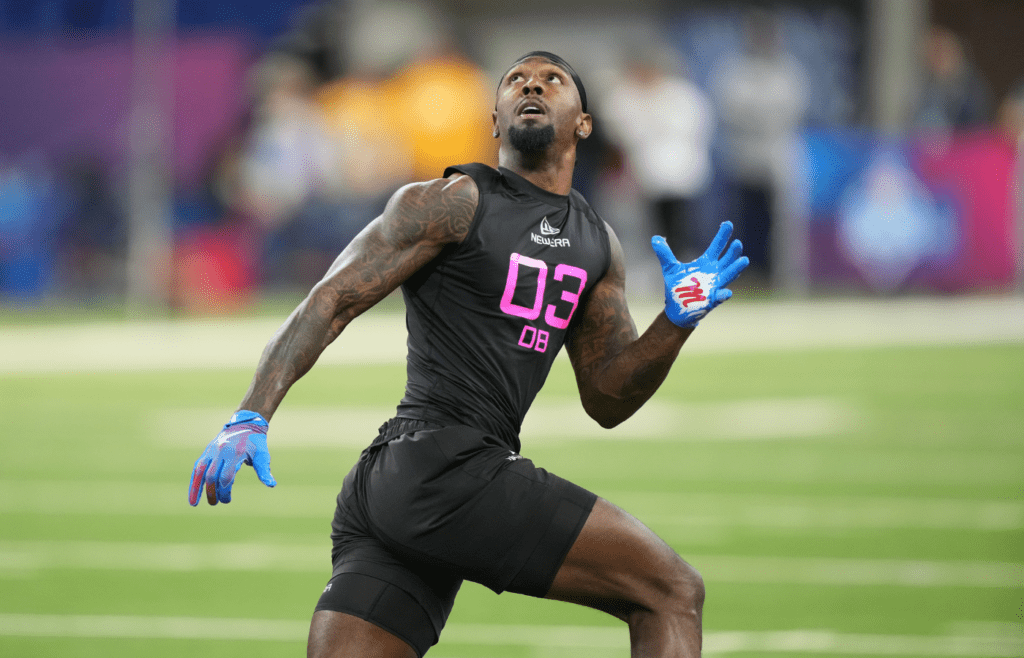 Feb 28, 2025; Indianapolis, IN, USA; Mississippi defensive back Trey Amos (DB03) participates in drills during the 2025 NFL Combine at Lucas Oil Stadium. Mandatory Credit: Kirby Lee-Imagn Images