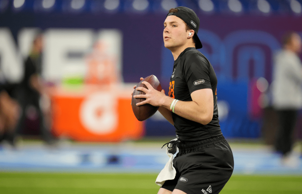 Mar 1, 2025; Indianapolis, IN, USA; Notre Dame quarterback Riley Leonard (QB08) during the 2025 NFL Combine at Lucas Oil Stadium. Mandatory Credit: Kirby Lee-Imagn Images