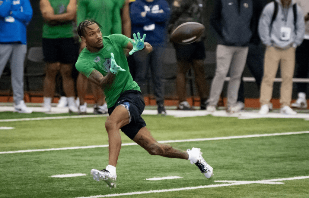 Oregon wide receiver Tez Johnson catches a pass during the Oregon football’s Pro Day Tuesday, March 18, 2025, at the Moshofsky Center in Eugene, Ore.