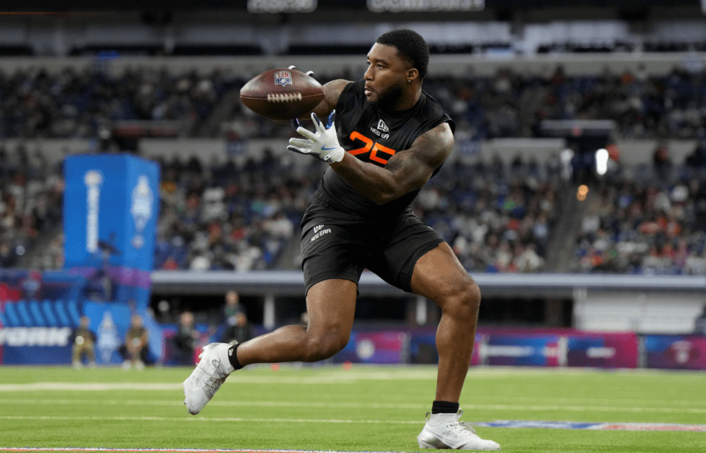 Mar 1, 2025; Indianapolis, IN, USA; Kansas running back Devin Neal (RB25) during the 2025 NFL Combine at Lucas Oil Stadium. Mandatory Credit: Kirby Lee-Imagn Images