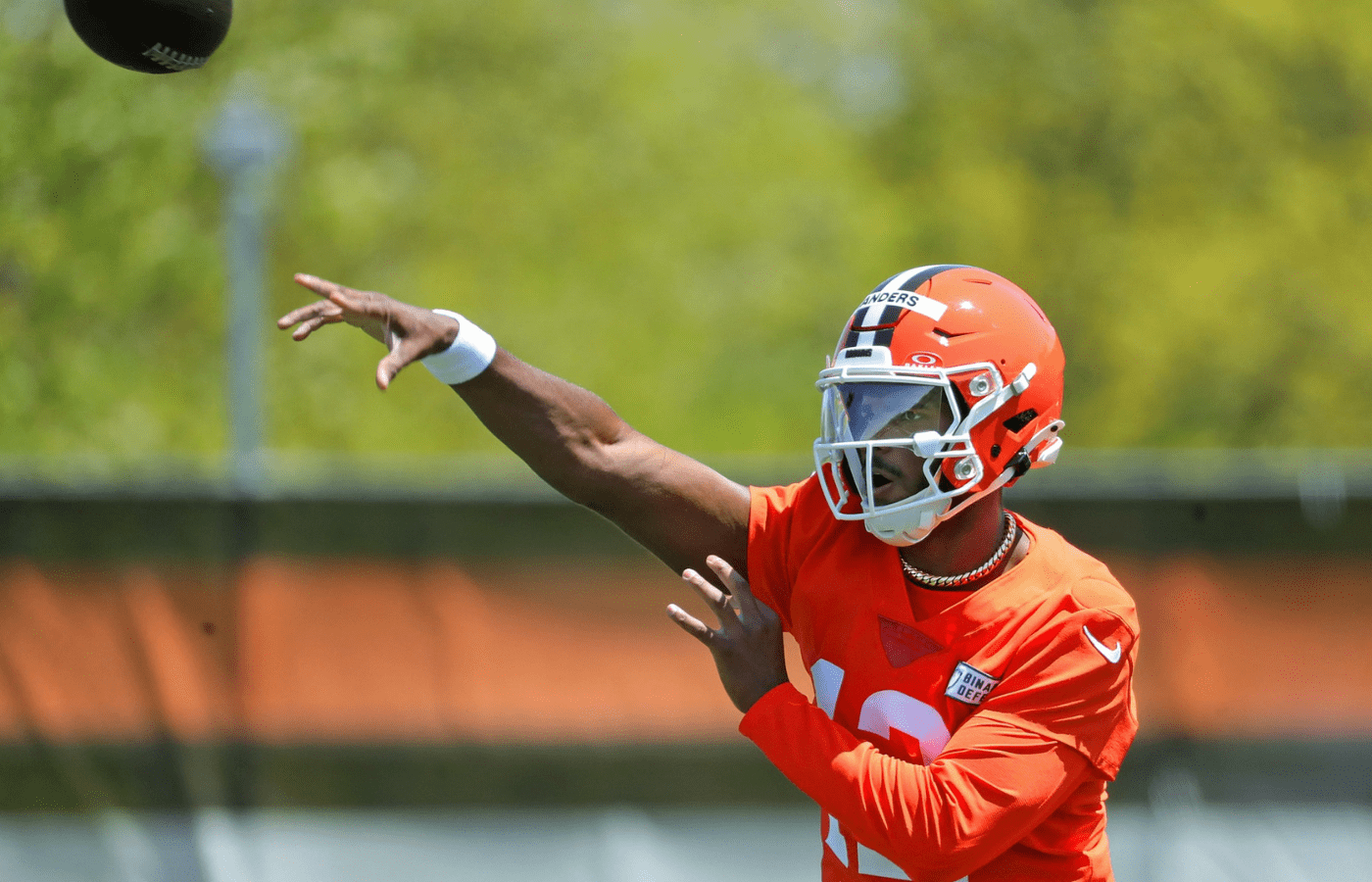 Cleveland Browns quarterback Shedeur Sanders (12) throws during day two of NFL rookie minicamp at the Cleveland Browns training facility on Saturday, May 10, 2025, in Berea, Ohio.