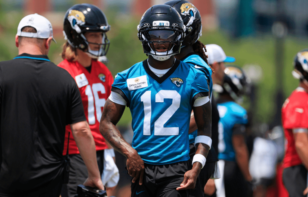 Jacksonville Jaguars wide receiver Travis Hunter (12) walks to his lane during the first organized team activity at Miller Electric Center Monday, May 19, 2025 in Jacksonville, Fla.