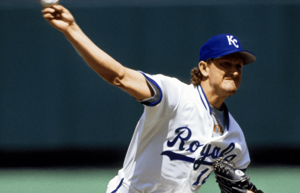 Jun 6, 1991; Kansas City, MO, USA; FILE PHOTO; Kansas City Royals pitcher Bret Saberhagen against the Texas Rangers at Dodger Stadium. Mandatory Credit: Imagn Images