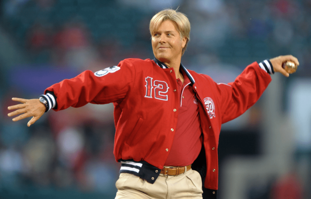 Apr 11, 2011; Anaheim, CA, USA; Los Angeles Angles former pitcher Mark Langston throws out the first pitch before the game against the Cleveland Indians at Angel Stadium. Mandatory Credit: Kirby Lee/Image of Sport-Imagn Images