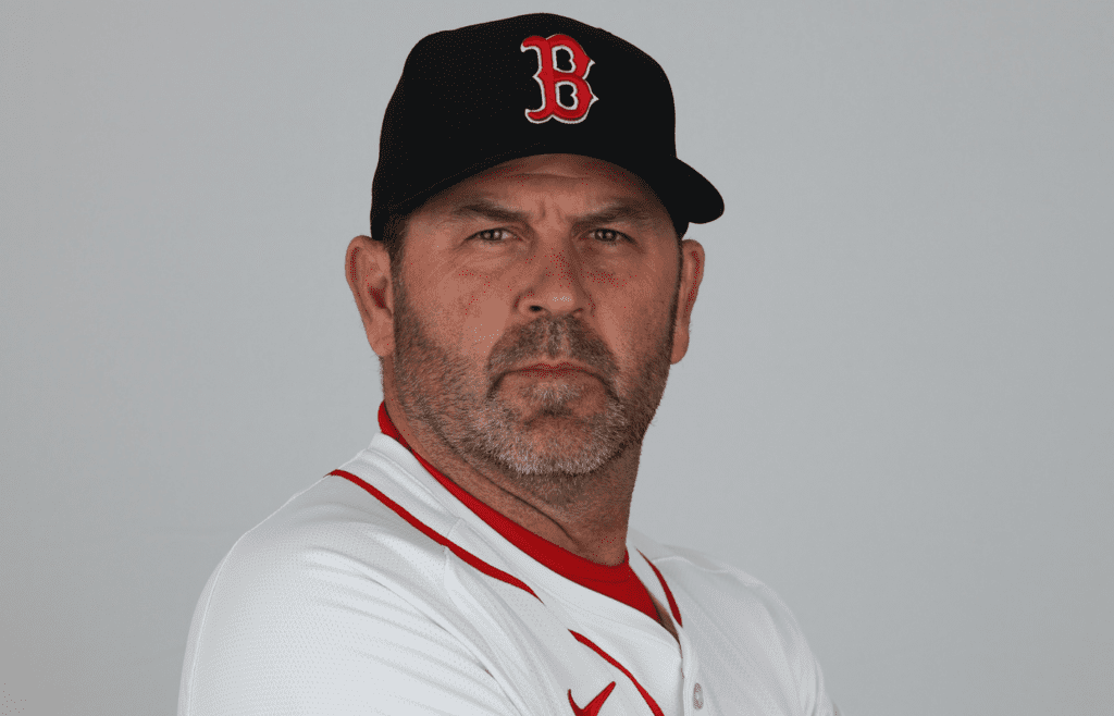 Feb 18, 2025; Lee County, FL, USA; Boston Red Sox game planning and run prevention coach Jason Varitek (33) participates in media day at JetBlue Park at Fenway South. Mandatory Credit: Nathan Ray Seebeck-Imagn Images]