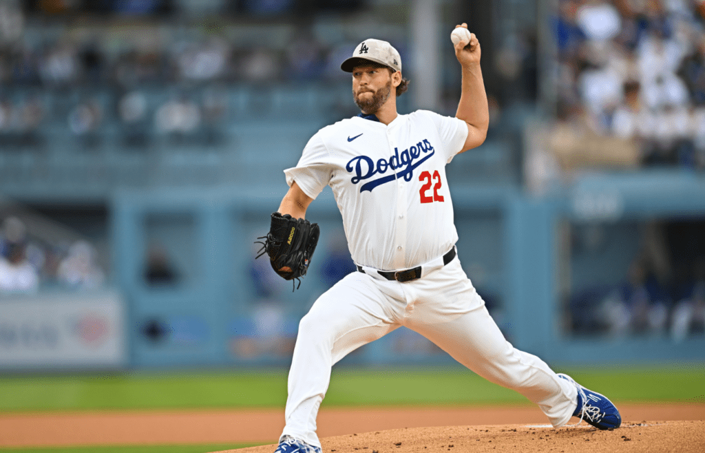 May 17, 2025; Los Angeles, California, USA; Los Angeles Dodgers pitcher Clayton Kershaw (22) pitches in the first inning against the Los Angeles Angels at Dodger Stadium. Mandatory Credit: Jonathan Hui-Imagn Images
