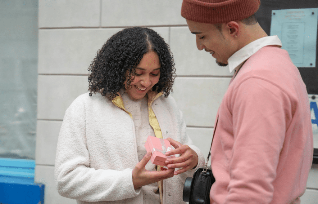 A couple on a first date with dramatic gestures or gifts