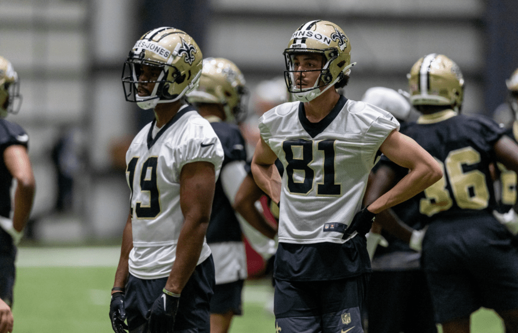 May 10, 2025; New Orleans, LA, USA; New Orleans Saints wide receiver Leon Johnson III (81) and Donovan People-Jones (19) during rookie minicamp at Ochsner Sports Performance Center. Mandatory Credit: Stephen Lew-Imagn Images