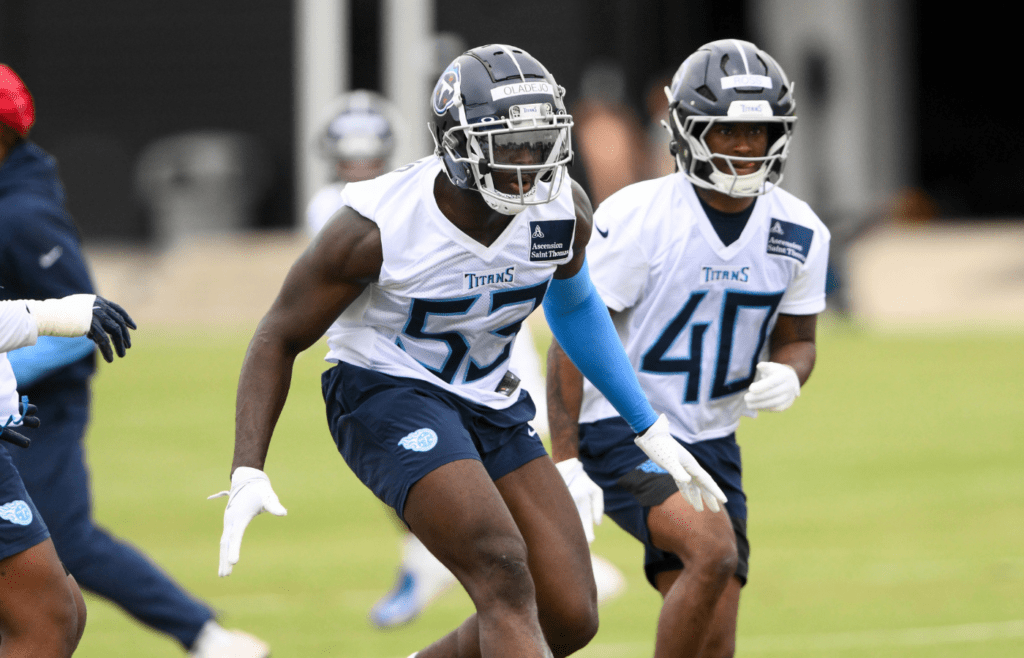 May 10, 2025; Nashville, TN, USA; Tennessee Titans outside linebacker Oluwafemi Oladejo (53) goes through drills during Rookie Mini Camp at Saint Thomas Sports Park. Mandatory Credit: Steve Roberts-Imagn Images