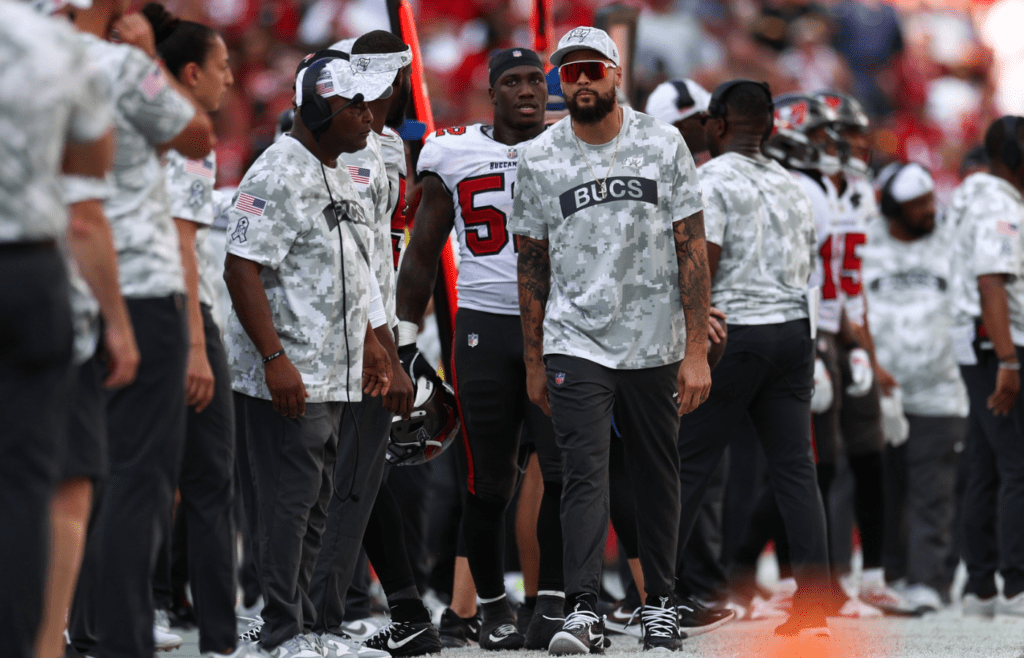 Nov 10, 2024; Tampa, Florida, USA; Tampa Bay Buccaneers wide receiver Mike Evans (13) looks on against the San Francisco 49ers in the fourth quarter at Raymond James Stadium. Mandatory Credit: Nathan Ray Seebeck-Imagn Images