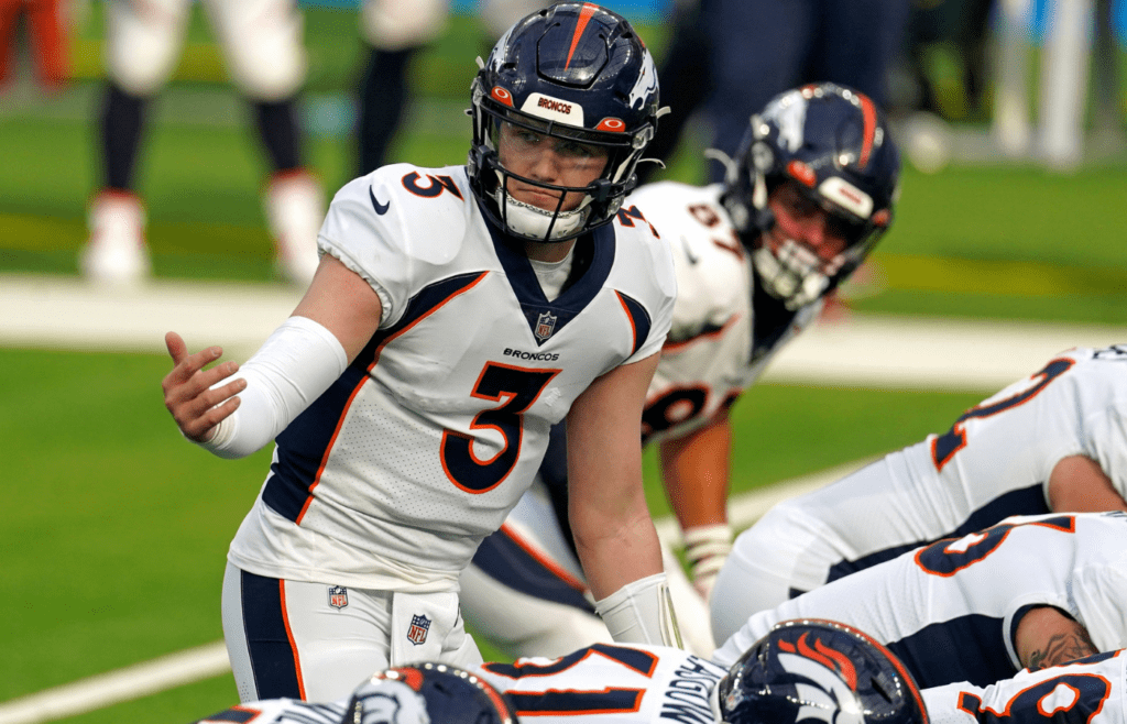 Dec 27, 2020; Inglewood, California, USA; Denver Broncos quarterback Drew Lock (3) gestures at the line of scrimmage against the Los Angeles Chargers during the first half at SoFi Stadium. Mandatory Credit: Kirby Lee-Imagn Images