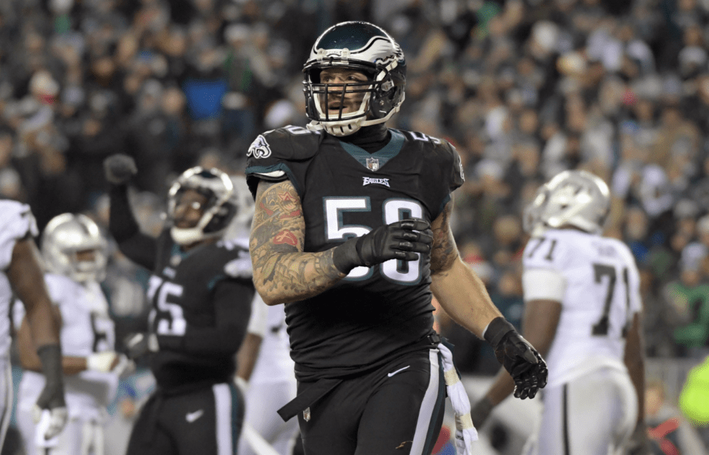Dec 25, 2017; Philadelphia, PA, USA; Philadelphia Eagles defensive end Chris Long (56) reacts after a sack against the Oakland Raiders during an NFL football game at Lincoln Financial Field. The Eagles defeated the Raiders 19-10. Mandatory Credit: Kirby Lee-Imagn Images