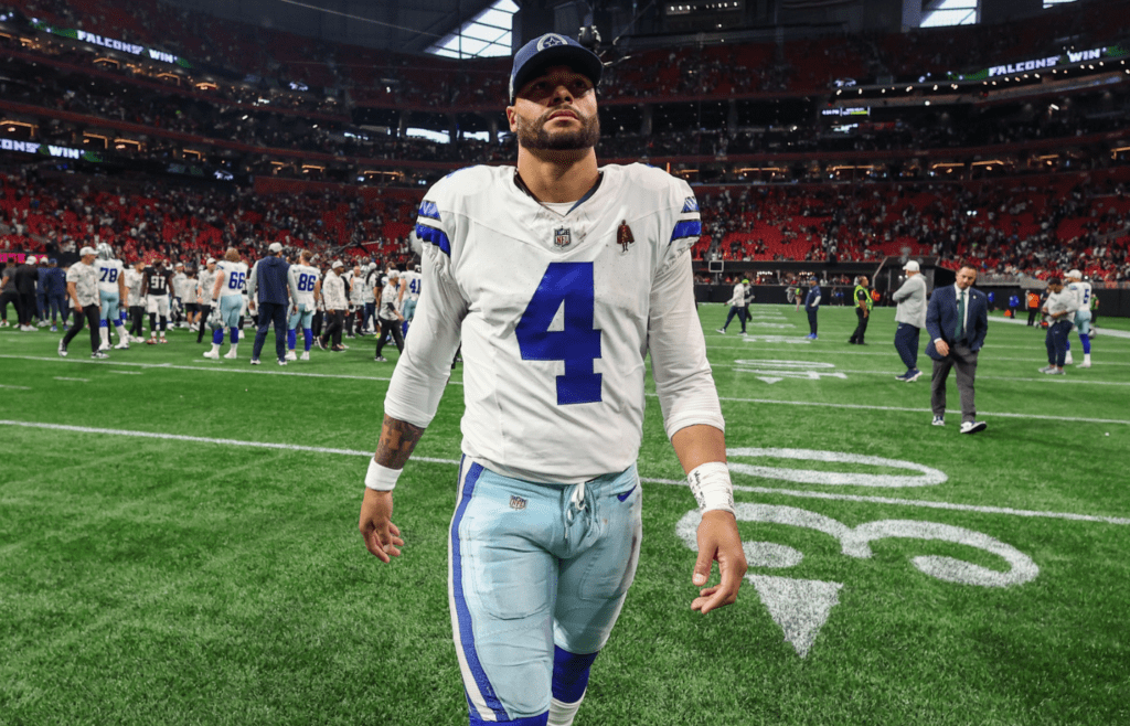 Nov 3, 2024; Atlanta, Georgia, USA; Dallas Cowboys quarterback Dak Prescott (4) walks off the field after a game against the Atlanta Falcons at Mercedes-Benz Stadium. Mandatory Credit: Brett Davis-Imagn Images