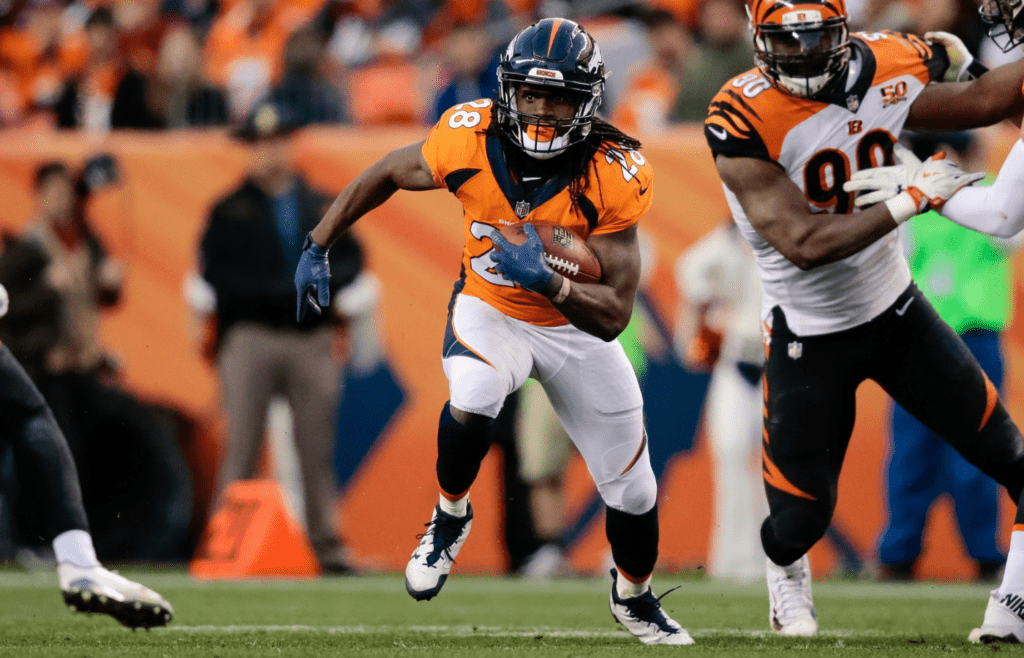 Nov 19, 2017; Denver, CO, USA; Denver Broncos running back Jamaal Charles (28) runs the ball in the third quarter against the Cincinnati Bengals at Sports Authority Field at Mile High. Mandatory Credit: Isaiah J. Downing-Imagn Images