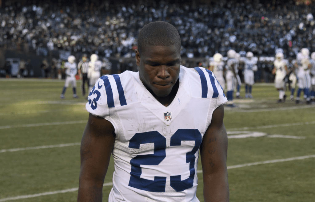 Dec 24, 2016; Oakland, CA, USA; Indianapolis Colts running back Frank Gore (23) reacts in the fourth quarter against the Oakland Raiders during a NFL football game at Oakland-Alameda County Coliseum. The Raiders defeated the Colts 33-25. Mandatory Credit: Kirby Lee-Imagn Images