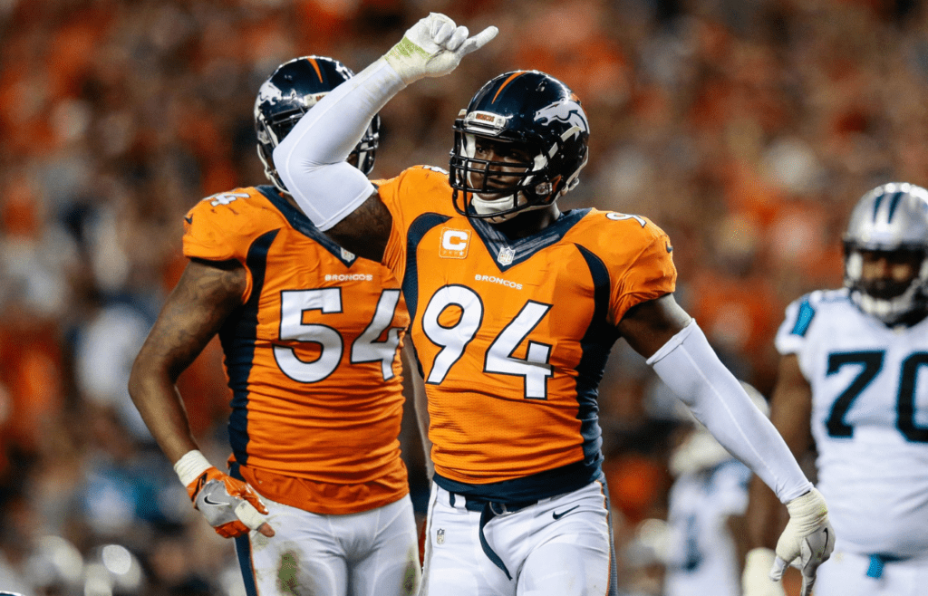 Sep 8, 2016; Denver, CO, USA; Denver Broncos outside linebacker DeMarcus Ware (94) celebrates after a sack in the third quarter against the Carolina Panthers at Sports Authority Field at Mile High. Mandatory Credit: Isaiah J. Downing-Imagn Images