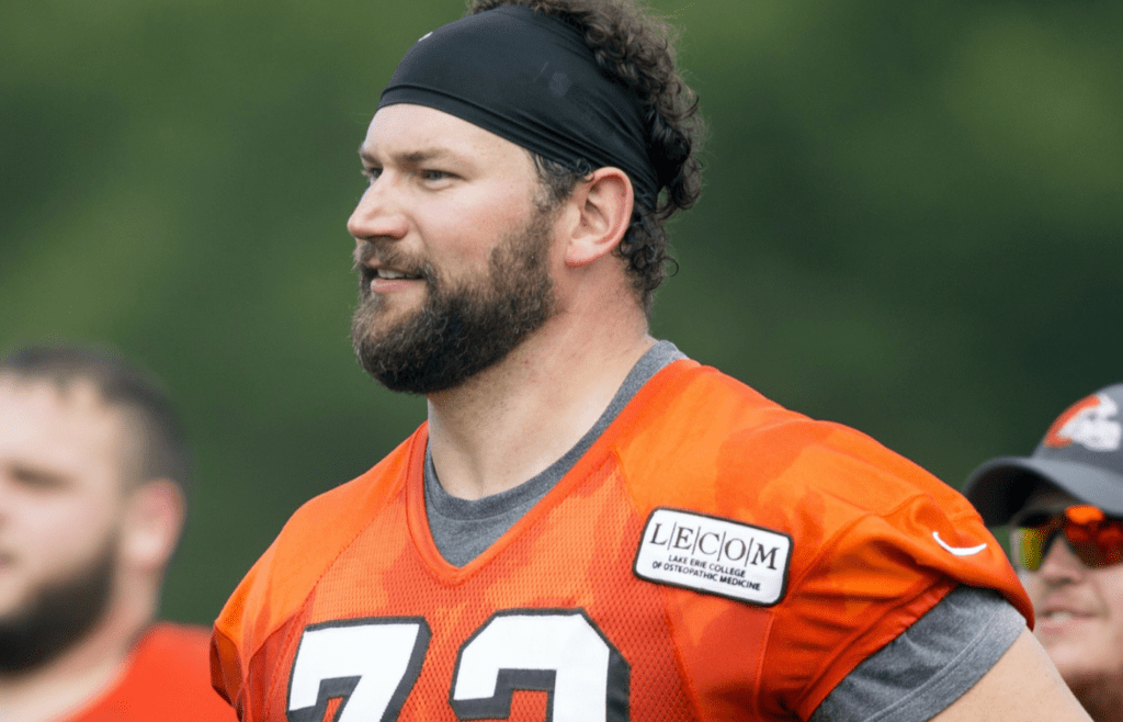 Jul 27, 2017; Berea, OH, USA; Cleveland Browns offensive lineman Joe Thomas (73) jogs to the next drill during training camp practice at Cleveland Browns Training Complex. Mandatory Credit: Scott R. Galvin-Imagn Images
