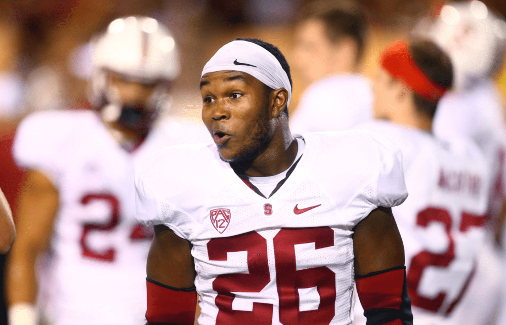 Oct 18, 2014; Tempe, AZ, USA; Stanford Cardinal running back Barry Sanders (26) against the Arizona State Sun Devils in the first quarter at Sun Devil Stadium. Mandatory Credit: Mark J. Rebilas-Imagn Images
