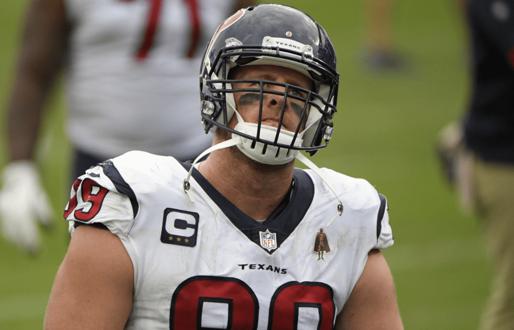 Oct 18, 2020; Nashville, Tennessee, USA; Houston Texans defensive end J.J. Watt (99) walks off the field after their overtime loss to the Tennessee Titans at Nissan Stadium. Mandatory Credit: Steve Roberts-Imagn Images