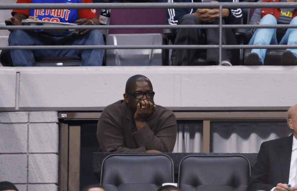 Mar 15, 2014; Auburn Hills, MI, USA; Detroit Pistons general manager Joe Dumars during the game against the Indiana Pacers at The Palace of Auburn Hills. Mandatory Credit: Rick Osentoski-Imagn Images