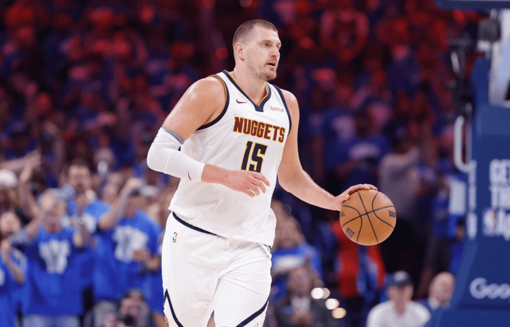 May 18, 2025; Oklahoma City, Oklahoma, USA; Denver Nuggets center Nikola Jokic (15) dribbles down the court against the Oklahoma City Thunder in the second quarter during game seven of the second round for the 2025 NBA Playoffs at Paycom Center. Mandatory Credit: Alonzo Adams-Imagn Images