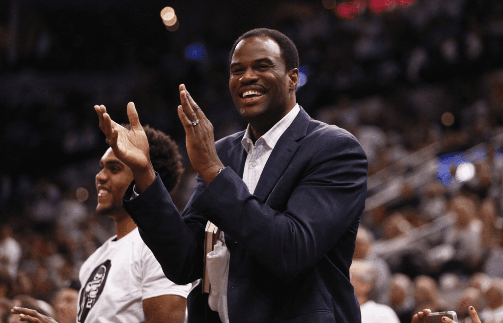 Dec 18, 2016; San Antonio, TX, USA; Former NBA player David Robinson cheers during the second half against the New Orleans Pelicans at AT&T Center. Mandatory Credit: Soobum Im-Imagn Images