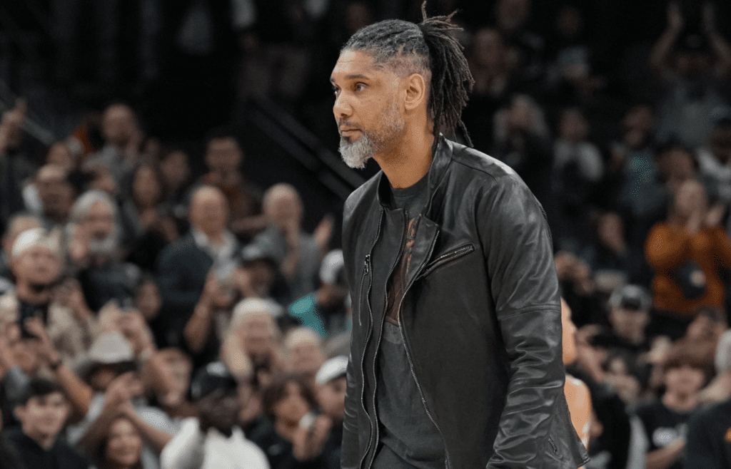 Dec 4, 2022; San Antonio, Texas, USA; Former San Antonio Spurs center Tim Duncan is recognized during a timeout in the first half against the Phoenix Suns at the AT&T Center. Mandatory Credit: Daniel Dunn-Imagn Images