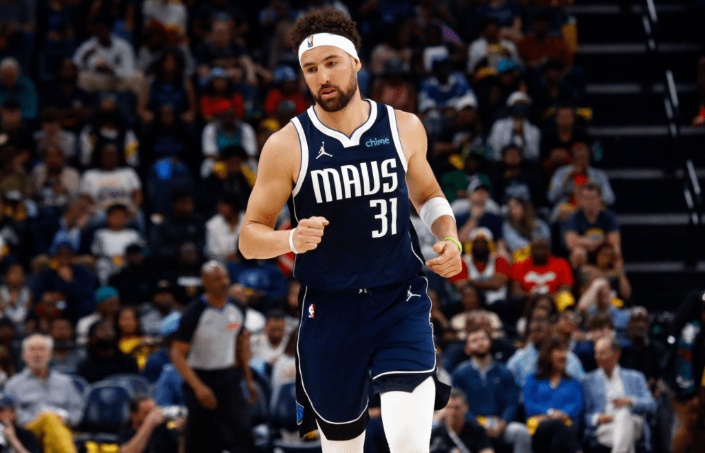 Apr 18, 2025; Memphis, Tennessee, USA; Dallas Mavericks guard Klay Thompson (31) reacts during the third quarter against the Memphis Grizzlies at FedExForum. Mandatory Credit: Petre Thomas-Imagn Images