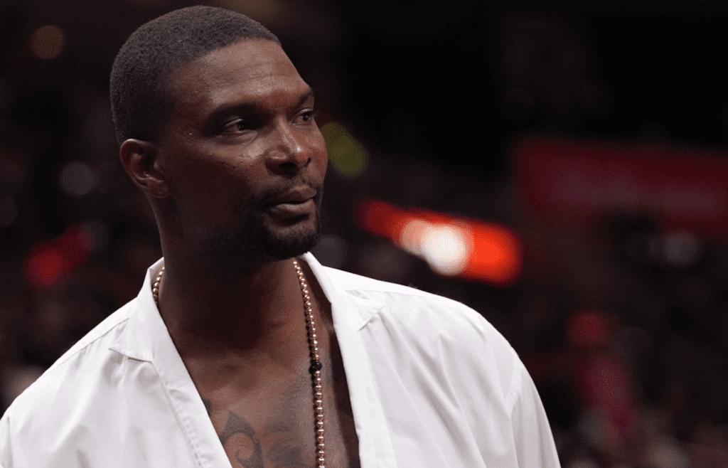Mar 26, 2022; Miami, Florida, USA; Former Miami Heat player Chris Bosh attends the game between the Miami Heat and the Brooklyn Nets during the second half at FTX Arena. Mandatory Credit: Jasen Vinlove-Imagn Images